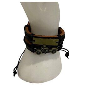 Motorcycle genuine Leather Bracelets set of 2  With Adjustable Cord bikerco